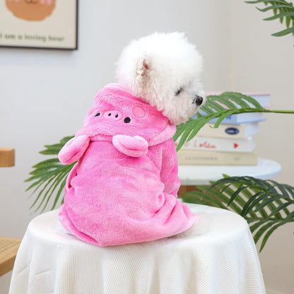 Dog Bathrobe with Hood Super Absorbent Soft Quick Drying Towel Wrap Adjustable Puppy Cat Bath Robe Towel for Cold Weather Beach Pool (Pink Pig, Small)