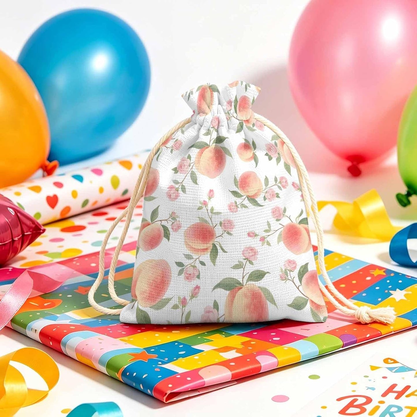 Victoroes Peach Drawstring Gift Bags 10 Pcs 5" x 7" Small Summer Peach Flower Spring Gift Bag Reusable Fabric Wrap Bags for Wedding Party Birthday Holiday