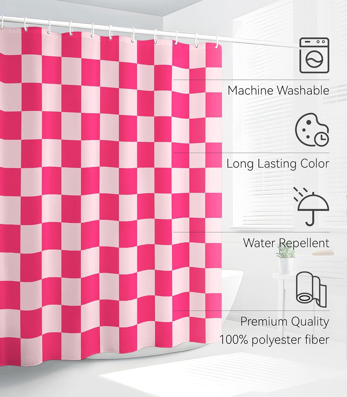 Bathroom Shower Curtain Cute Cortinas para Baño 72 x 72, Pink Plaid