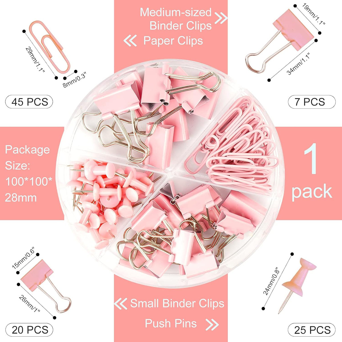 97 PCS Office Supplies for Women, Paper Clips, Binder Clips and Push Pins Set, Paperclips Thumb Tacks School and Home Desk Supplies, Desk Organized (Pink)