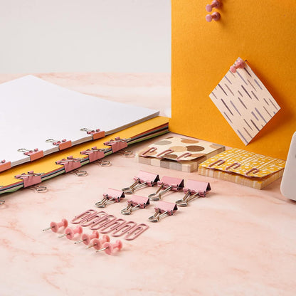 97 PCS Office Supplies for Women, Paper Clips, Binder Clips and Push Pins Set, Paperclips Thumb Tacks School and Home Desk Supplies, Desk Organized (Pink)