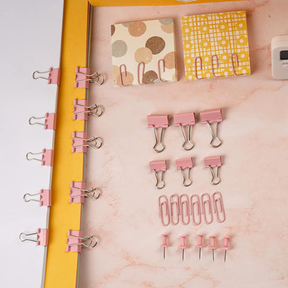 97 PCS Office Supplies for Women, Paper Clips, Binder Clips and Push Pins Set, Paperclips Thumb Tacks School and Home Desk Supplies, Desk Organized (Pink)