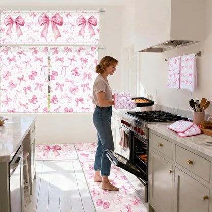 13 Pcs Pink Bow Kitchen Decor Set 3 Coquette Kitchen Curtains Valance 2 Aesthetic Rugs and Mats 4 Girly Hand Towels 2 Pink Pot Holders 2 Oven Mitts for Home Decor Cooking Grilling Housewarming Gift