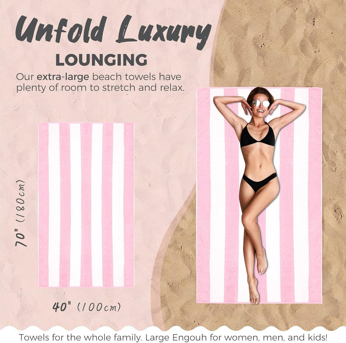 Cotton Oversized Beach Towel - 40 x70 Inch Extra Large Striped Pool Towel, Big Soft Terry Cloth Pink Cabana Swim Towel