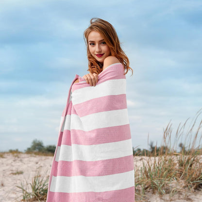 Cotton Oversized Beach Towel - 40 x70 Inch Extra Large Striped Pool Towel, Big Soft Terry Cloth Pink Cabana Swim Towel