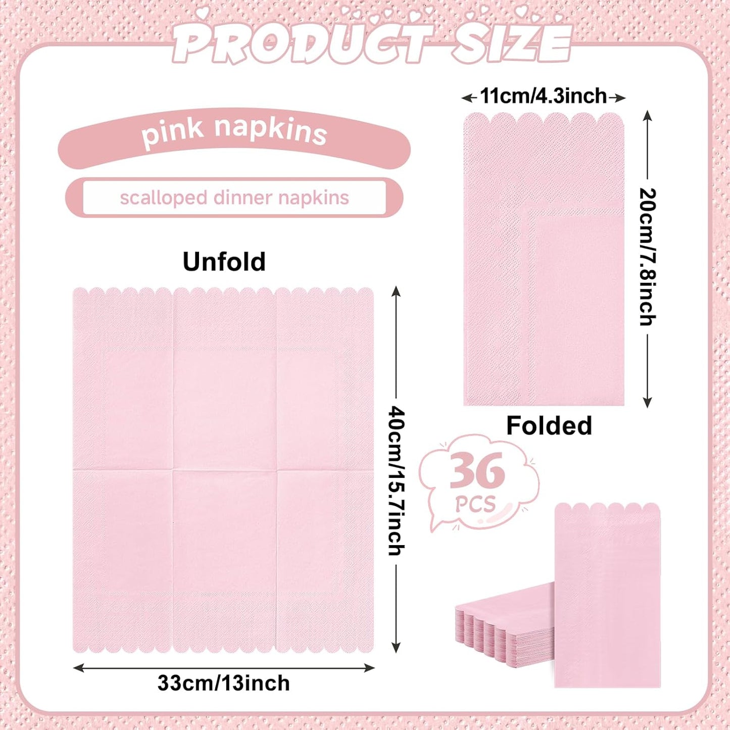36 Pcs Pink Napkins; 2-ply Light Pink Dinner Napkins; Scalloped Paper Napkin for Wedding, Dinner, Birthday, Bridal Shower, Valentines Party Supplies; Bathroom Napkin Guest Disposable
