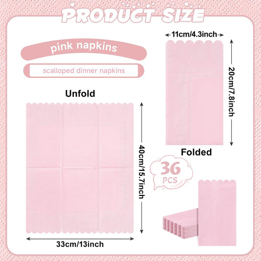 36 Pcs Pink Napkins; 2-ply Light Pink Dinner Napkins; Scalloped Paper Napkin for Wedding, Dinner, Birthday, Bridal Shower, Valentines Party Supplies; Bathroom Napkin Guest Disposable