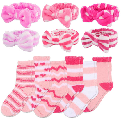 12Pcs Spa Sleepover Party Supplies - 6 Pink Spa Headbands & 6 Fuzzy Socks for Slumber Party Gifts