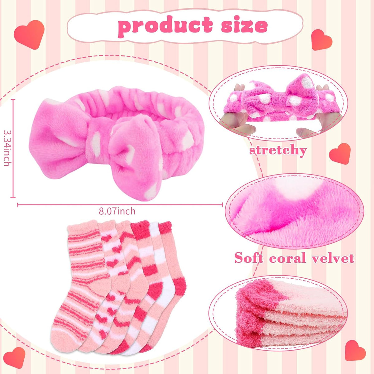 12Pcs Spa Sleepover Party Supplies - 6 Pink Spa Headbands & 6 Fuzzy Socks for Slumber Party Gifts