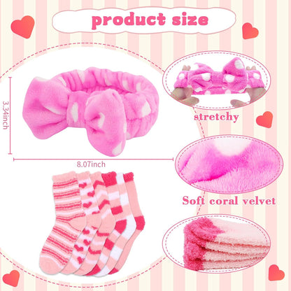 12Pcs Spa Sleepover Party Supplies - 6 Pink Spa Headbands & 6 Fuzzy Socks for Slumber Party Gifts