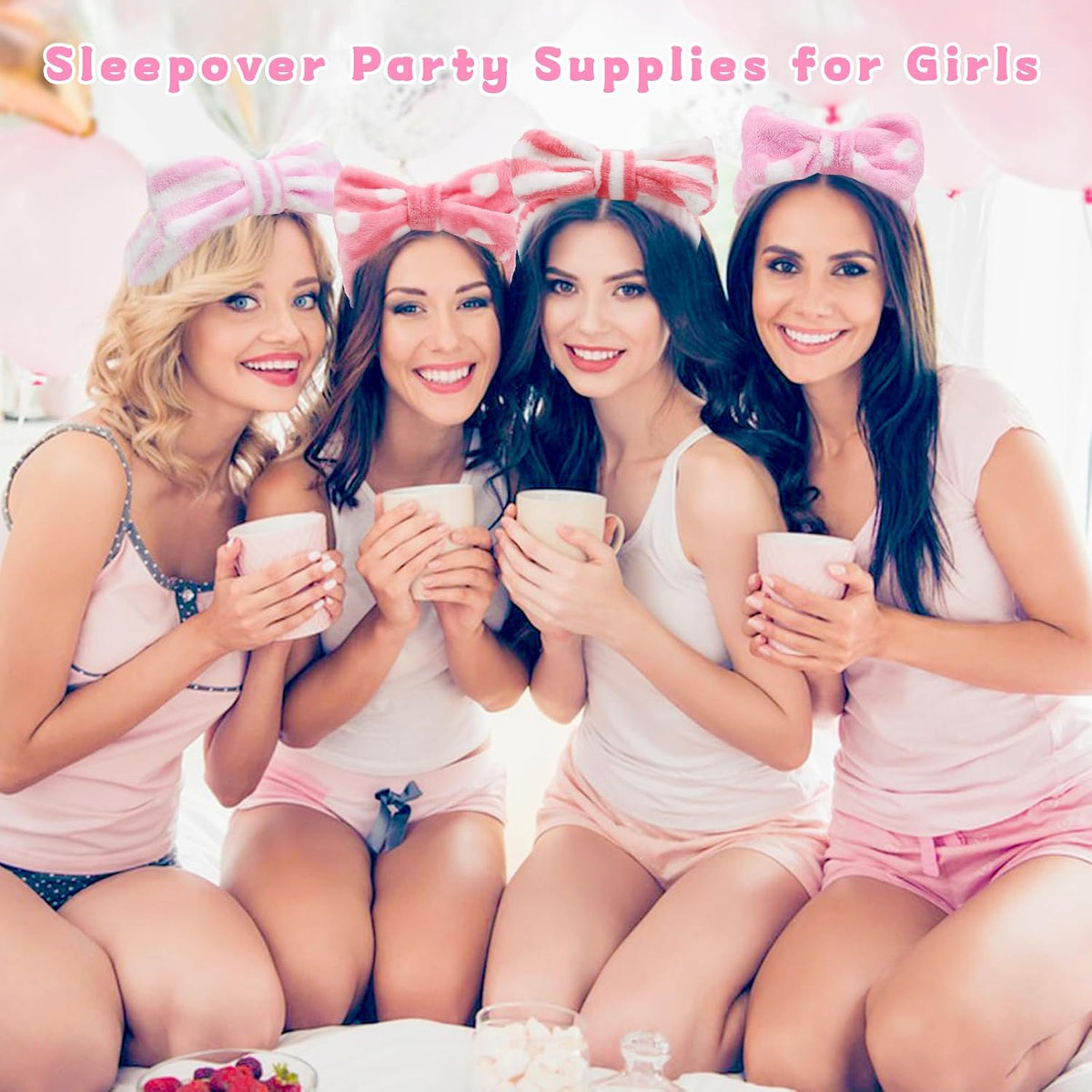 12Pcs Spa Sleepover Party Supplies - 6 Pink Spa Headbands & 6 Fuzzy Socks for Slumber Party Gifts