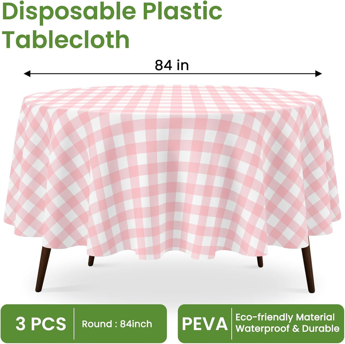 84" Pink Gingham Round Plastic Tablecloth Disposable, 3 Pack