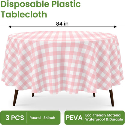 84" Pink Gingham Round Plastic Tablecloth Disposable, 3 Pack