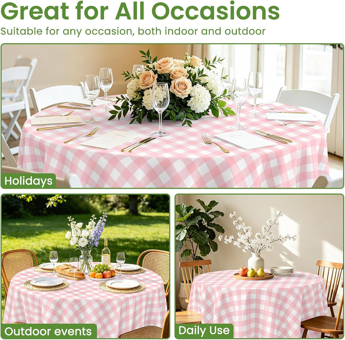 84" Pink Gingham Round Plastic Tablecloth Disposable, 3 Pack