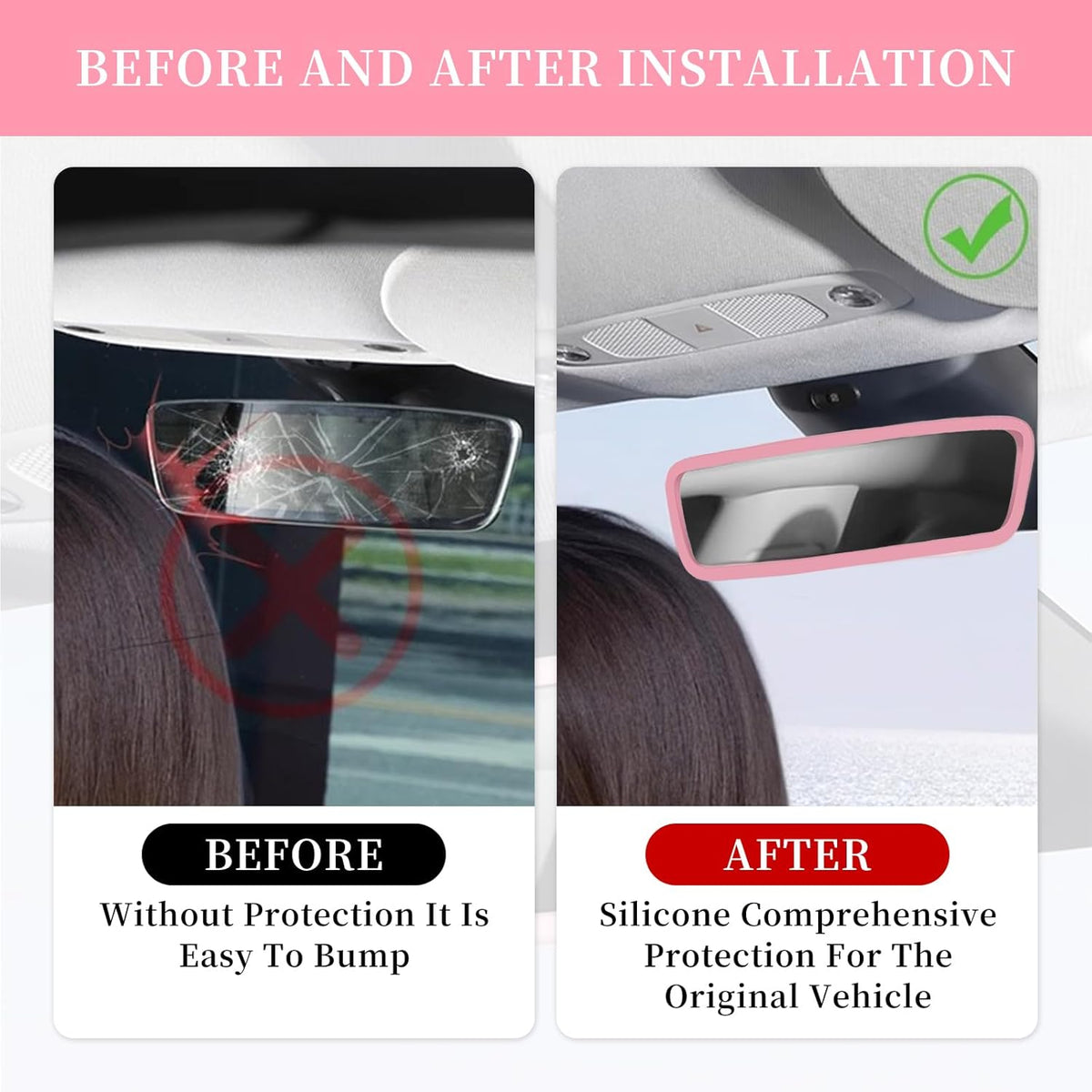 Car Rear View Mirror Protector Frame, Silicone Auto Rearview Edge Protection Cover Compatible with Model 3 Model Y, Interior Rear View Trim Frame Decoration, Car Accessories (Pink)