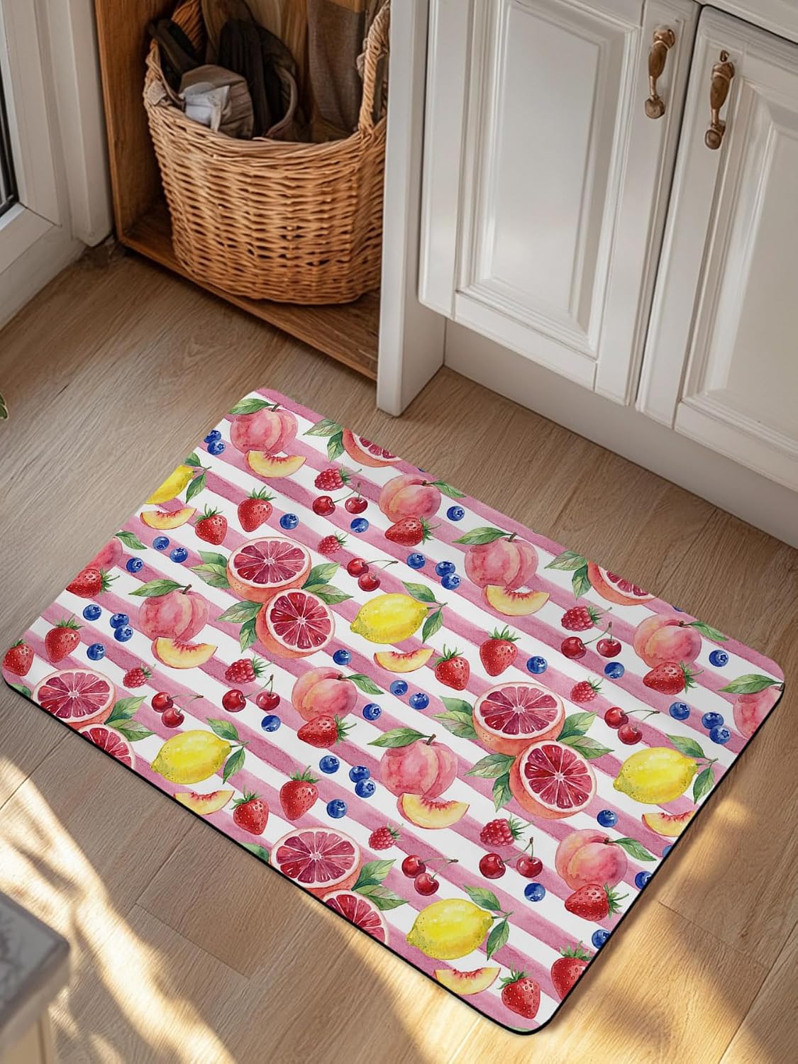 Bathroom Rug Absorbent Bath Rug, Summer Peach Lemon Grapefruit Kitchen Doormat Non-Slip Diatomaceous Earth Bath Mat, Blueberry Strawberry Pink Stripe Quick Dry Shower Mat Bath Rugs 16x24in