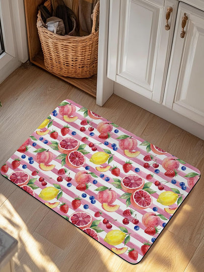 Bathroom Rug Absorbent Bath Rug, Summer Peach Lemon Grapefruit Kitchen Doormat Non-Slip Diatomaceous Earth Bath Mat, Blueberry Strawberry Pink Stripe Quick Dry Shower Mat Bath Rugs 16x24in