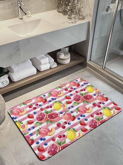 Bathroom Rug Absorbent Bath Rug, Summer Peach Lemon Grapefruit Kitchen Doormat Non-Slip Diatomaceous Earth Bath Mat, Blueberry Strawberry Pink Stripe Quick Dry Shower Mat Bath Rugs 16x24in