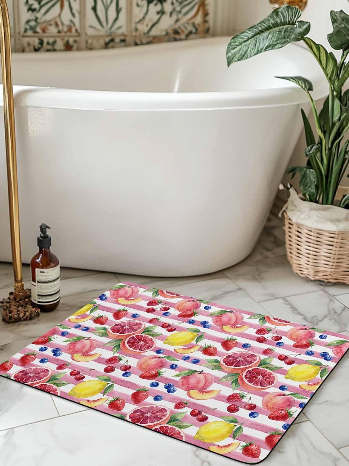 Bathroom Rug Absorbent Bath Rug, Summer Peach Lemon Grapefruit Kitchen Doormat Non-Slip Diatomaceous Earth Bath Mat, Blueberry Strawberry Pink Stripe Quick Dry Shower Mat Bath Rugs 16x24in
