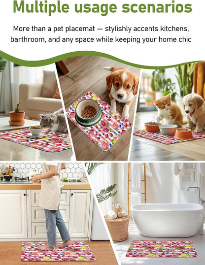 Bathroom Rug Absorbent Bath Rug, Summer Peach Lemon Grapefruit Kitchen Doormat Non-Slip Diatomaceous Earth Bath Mat, Blueberry Strawberry Pink Stripe Quick Dry Shower Mat Bath Rugs 16x24in