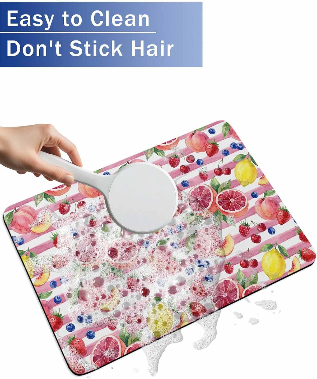 Bathroom Rug Absorbent Bath Rug, Summer Peach Lemon Grapefruit Kitchen Doormat Non-Slip Diatomaceous Earth Bath Mat, Blueberry Strawberry Pink Stripe Quick Dry Shower Mat Bath Rugs 16x24in