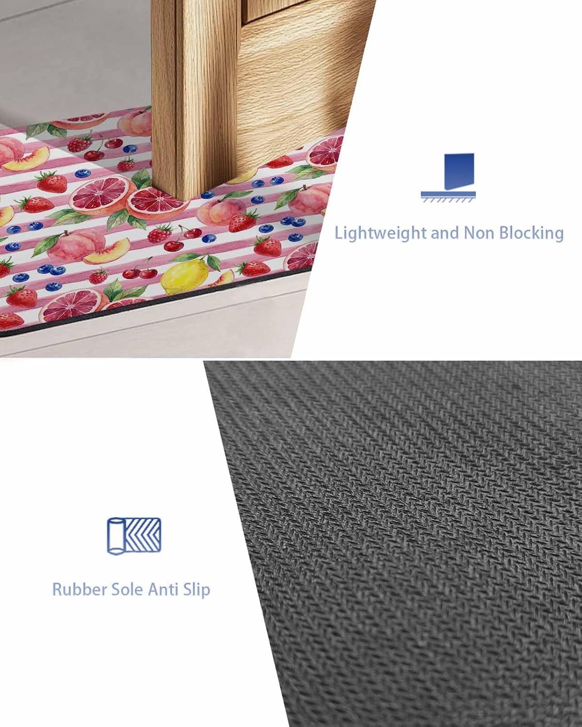 Bathroom Rug Absorbent Bath Rug, Summer Peach Lemon Grapefruit Kitchen Doormat Non-Slip Diatomaceous Earth Bath Mat, Blueberry Strawberry Pink Stripe Quick Dry Shower Mat Bath Rugs 16x24in