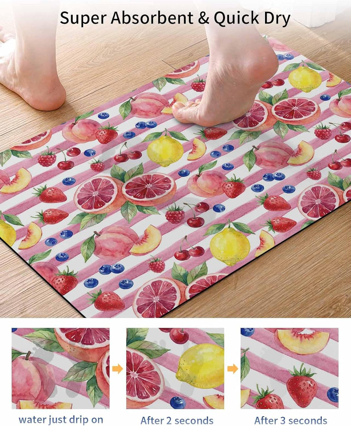Bathroom Rug Absorbent Bath Rug, Summer Peach Lemon Grapefruit Kitchen Doormat Non-Slip Diatomaceous Earth Bath Mat, Blueberry Strawberry Pink Stripe Quick Dry Shower Mat Bath Rugs 16x24in