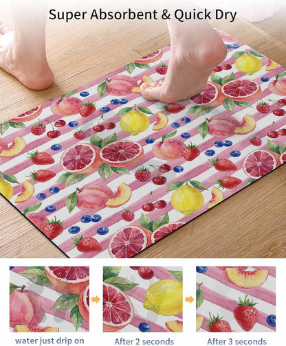 Bathroom Rug Absorbent Bath Rug, Summer Peach Lemon Grapefruit Kitchen Doormat Non-Slip Diatomaceous Earth Bath Mat, Blueberry Strawberry Pink Stripe Quick Dry Shower Mat Bath Rugs 16x24in