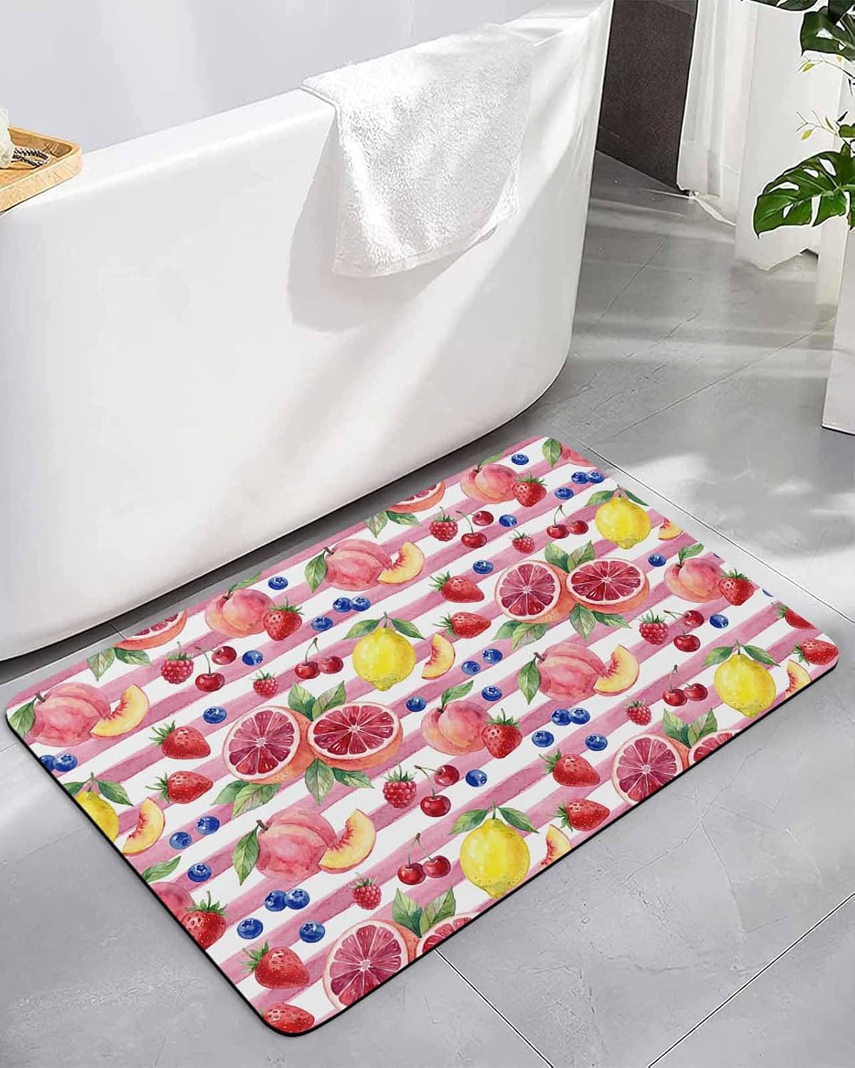Bathroom Rug Absorbent Bath Rug, Summer Peach Lemon Grapefruit Kitchen Doormat Non-Slip Diatomaceous Earth Bath Mat, Blueberry Strawberry Pink Stripe Quick Dry Shower Mat Bath Rugs 16x24in