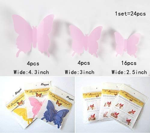 24pcs Kawaii 3D Butterfly Removable Mural Stickers Wall Stickers Decal for Home and Girls Room Decoration (Pink)
