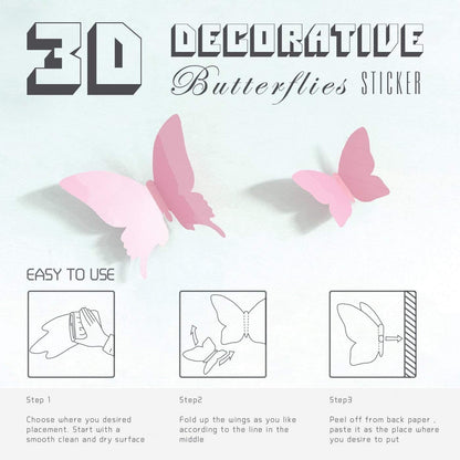 24pcs Kawaii 3D Butterfly Removable Mural Stickers Wall Stickers Decal for Home and Girls Room Decoration (Pink)