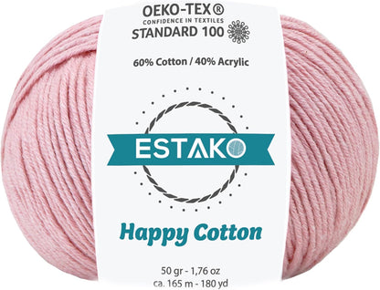 Happy Cotton 60% Cotton 40% Acrylic Yarn, Sport Weight 2, Baby Pink