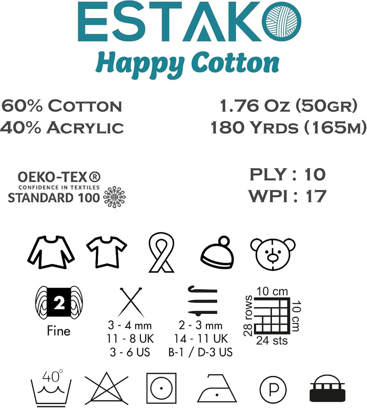 Happy Cotton 60% Cotton 40% Acrylic Yarn, Sport Weight 2, Baby Pink