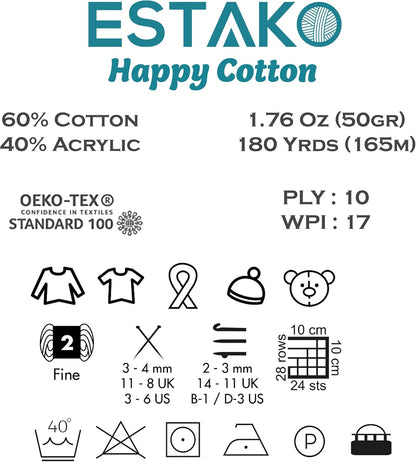 Happy Cotton 60% Cotton 40% Acrylic Yarn, Sport Weight 2, Baby Pink