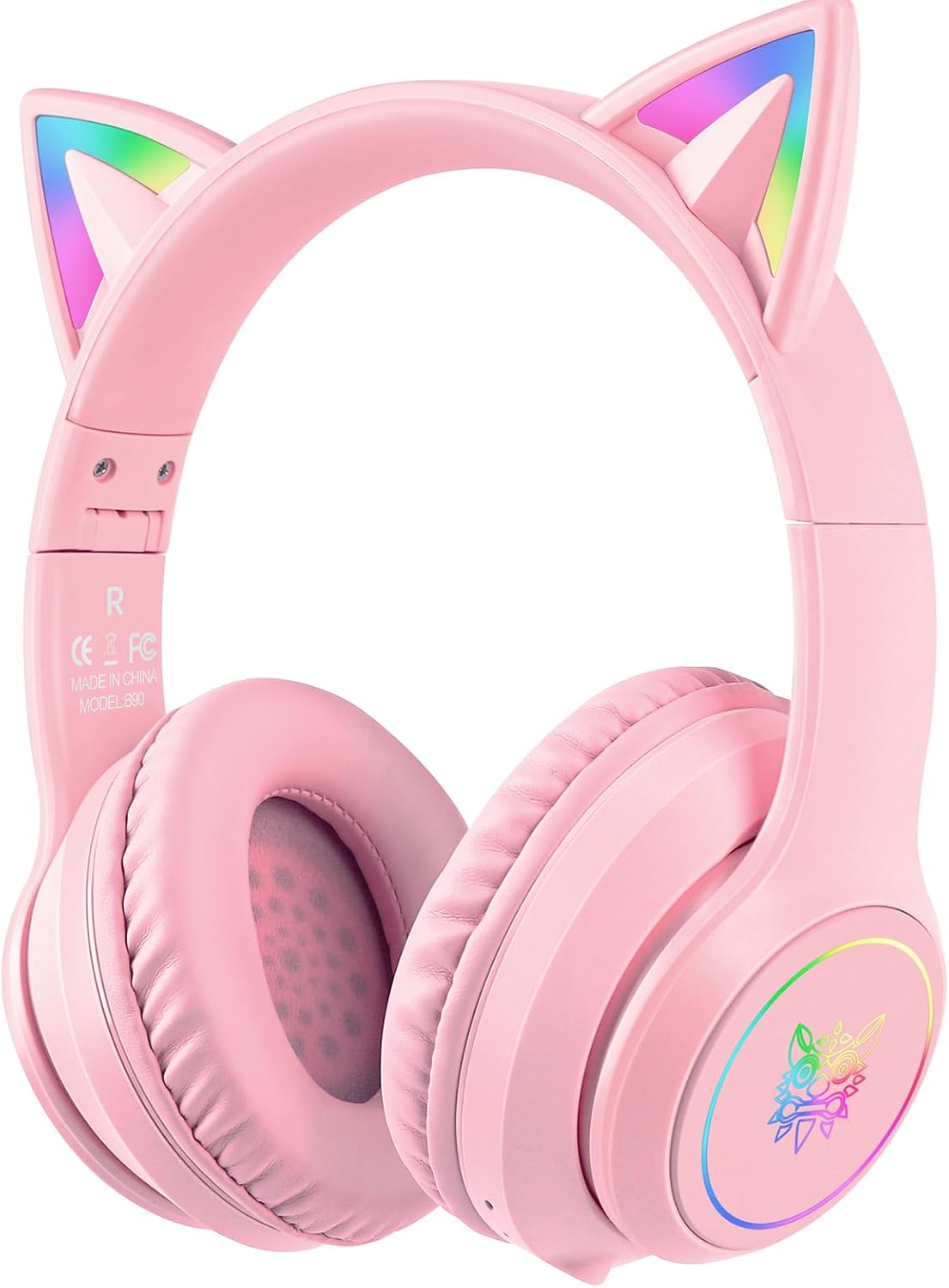 Cat Ear Bluetooth Headphones for Kids & Adults, 55H Play Time, Wireless Foldable & Wired Multi-Function LED Light Up Over Ear Headphones with Mic (Pink)