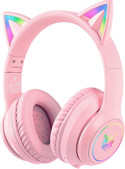Cat Ear Bluetooth Headphones for Kids & Adults, 55H Play Time, Wireless Foldable & Wired Multi-Function LED Light Up Over Ear Headphones with Mic (Pink)