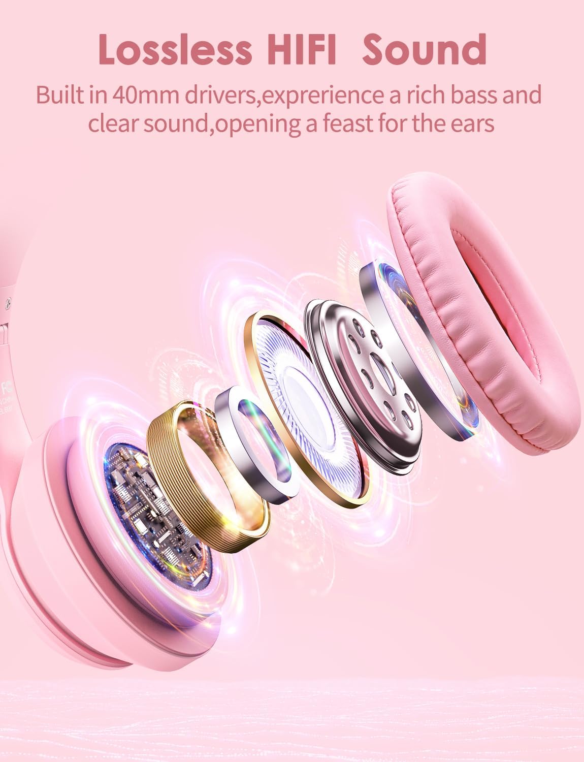 Cat Ear Bluetooth Headphones for Kids & Adults, 55H Play Time, Wireless Foldable & Wired Multi-Function LED Light Up Over Ear Headphones with Mic (Pink)