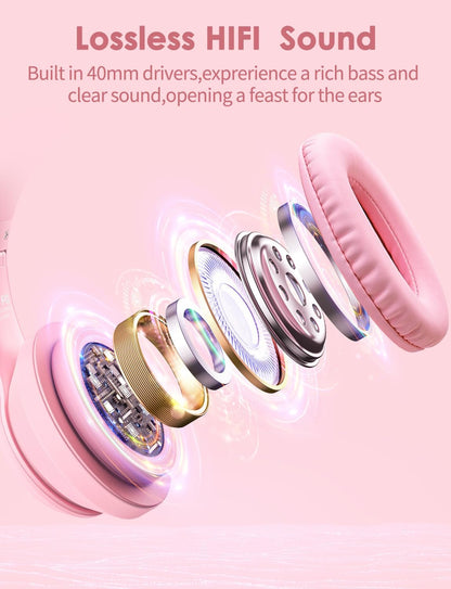Cat Ear Bluetooth Headphones for Kids & Adults, 55H Play Time, Wireless Foldable & Wired Multi-Function LED Light Up Over Ear Headphones with Mic (Pink)