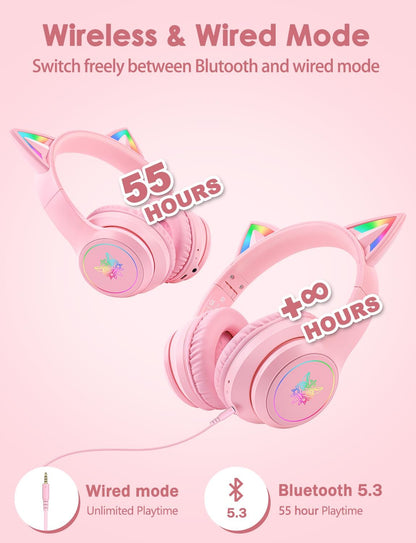 Cat Ear Bluetooth Headphones for Kids & Adults, 55H Play Time, Wireless Foldable & Wired Multi-Function LED Light Up Over Ear Headphones with Mic (Pink)