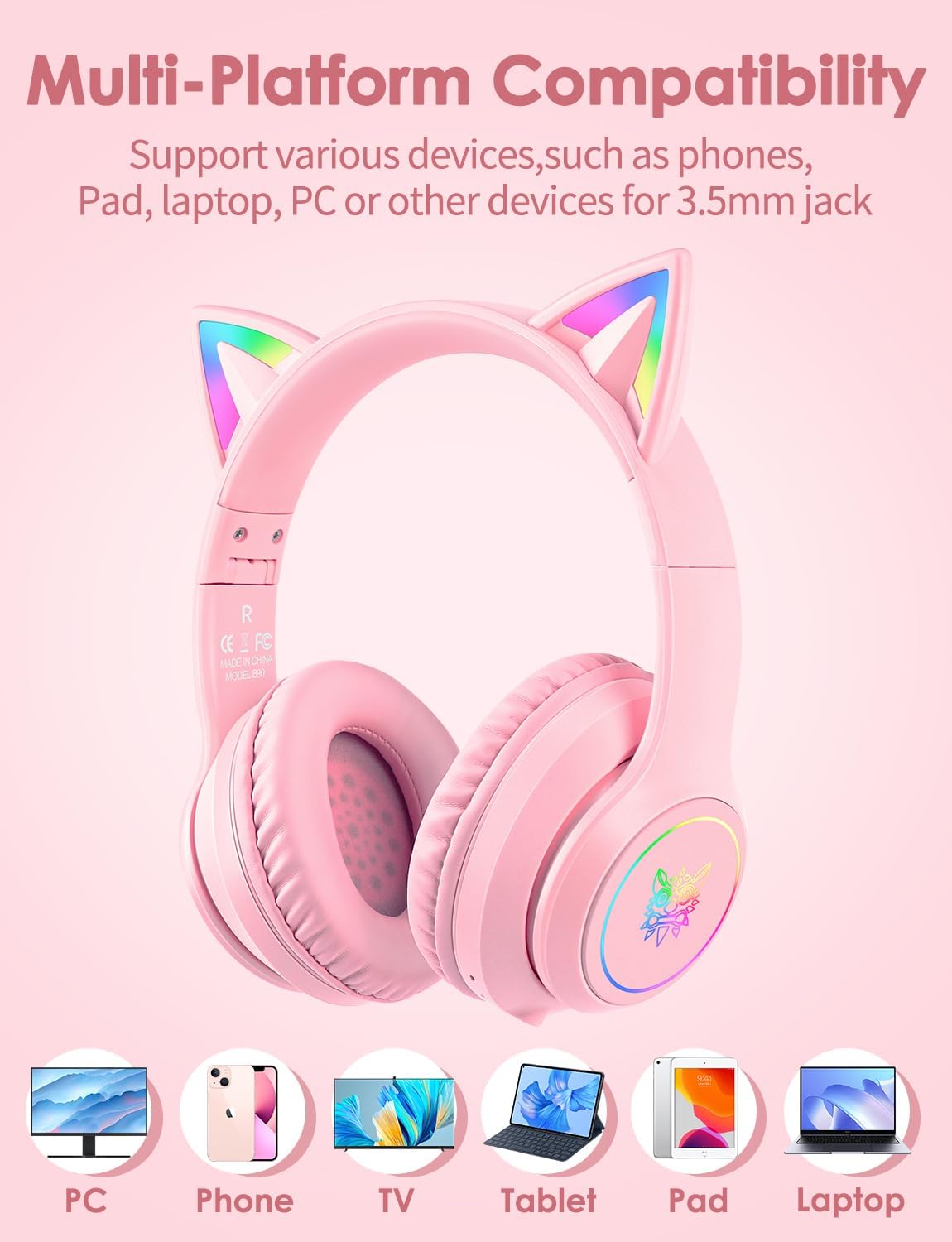 Cat Ear Bluetooth Headphones for Kids & Adults, 55H Play Time, Wireless Foldable & Wired Multi-Function LED Light Up Over Ear Headphones with Mic (Pink)