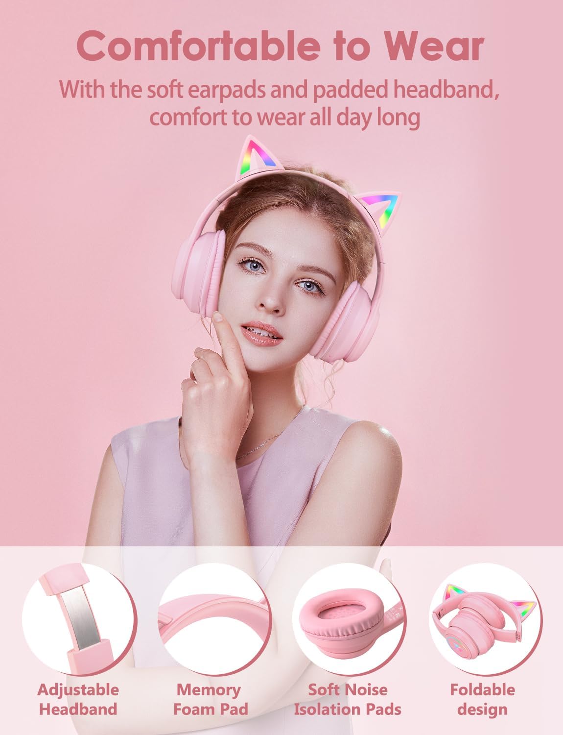 Cat Ear Bluetooth Headphones for Kids & Adults, 55H Play Time, Wireless Foldable & Wired Multi-Function LED Light Up Over Ear Headphones with Mic (Pink)