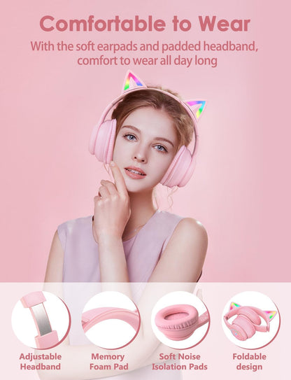 Cat Ear Bluetooth Headphones for Kids & Adults, 55H Play Time, Wireless Foldable & Wired Multi-Function LED Light Up Over Ear Headphones with Mic (Pink)