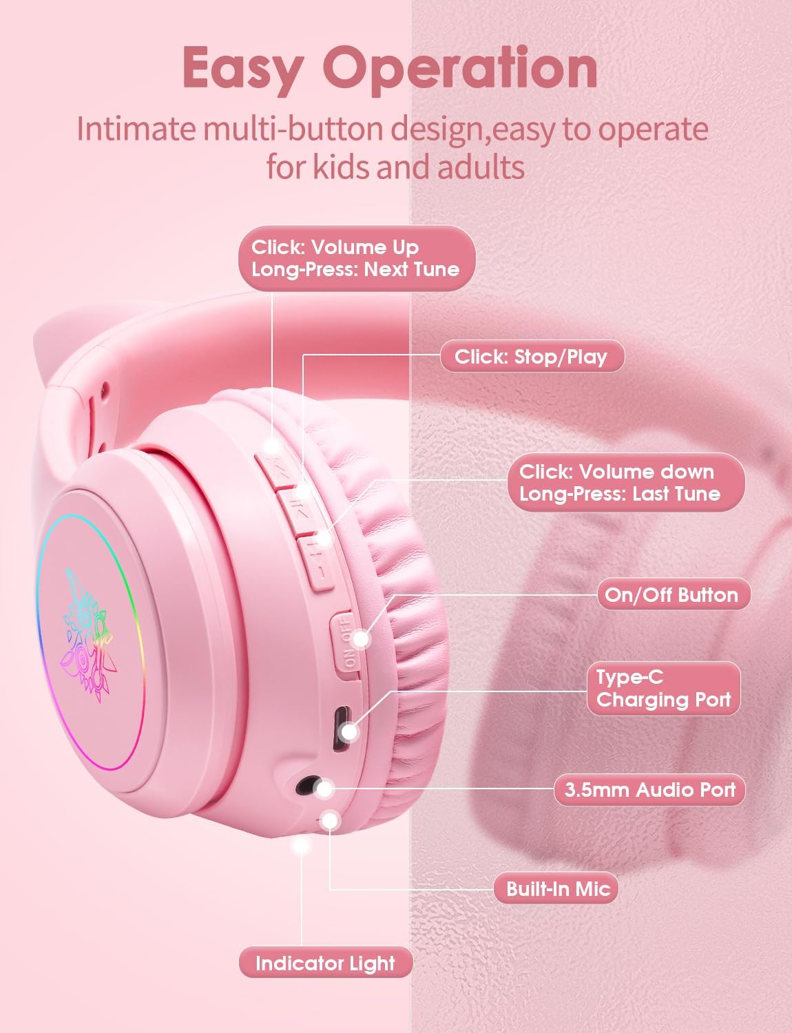 Cat Ear Bluetooth Headphones for Kids & Adults, 55H Play Time, Wireless Foldable & Wired Multi-Function LED Light Up Over Ear Headphones with Mic (Pink)