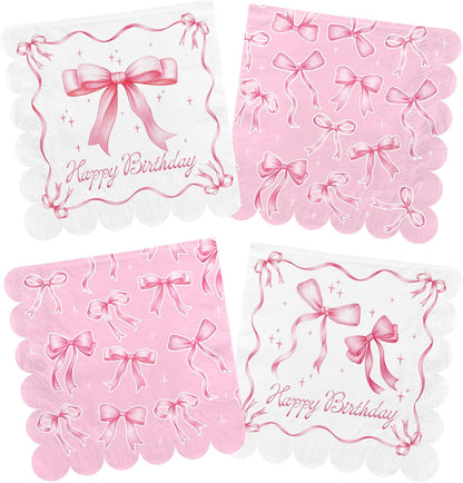 Pink Bow-Themed Party Supplies Set for Women: Includes Happy Birthday & Bachelorette Disposable Napkin(6.5x6.5 in, Disposable, 48-Pack) for Birthday & Tea Party Decorations