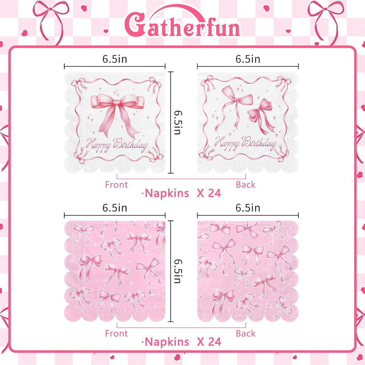 Pink Bow-Themed Party Supplies Set for Women: Includes Happy Birthday & Bachelorette Disposable Napkin(6.5x6.5 in, Disposable, 48-Pack) for Birthday & Tea Party Decorations