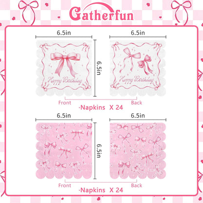 Pink Bow-Themed Party Supplies Set for Women: Includes Happy Birthday & Bachelorette Disposable Napkin(6.5x6.5 in, Disposable, 48-Pack) for Birthday & Tea Party Decorations