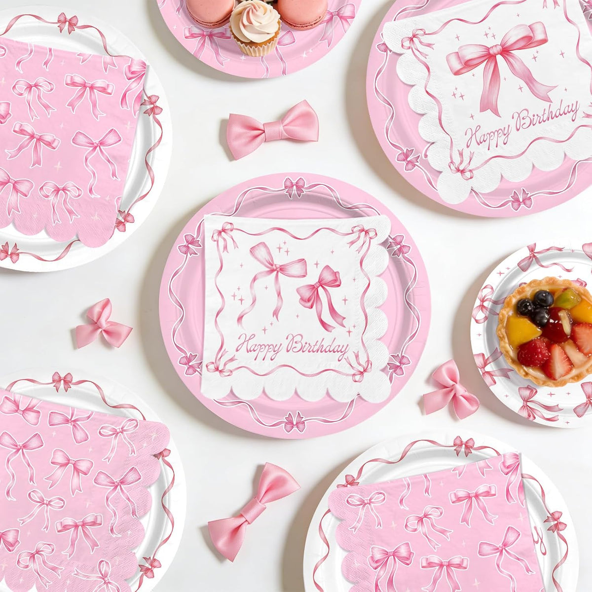 Pink Bow-Themed Party Supplies Set for Women: Includes Happy Birthday & Bachelorette Disposable Napkin(6.5x6.5 in, Disposable, 48-Pack) for Birthday & Tea Party Decorations