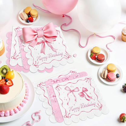 Pink Bow-Themed Party Supplies Set for Women: Includes Happy Birthday & Bachelorette Disposable Napkin(6.5x6.5 in, Disposable, 48-Pack) for Birthday & Tea Party Decorations