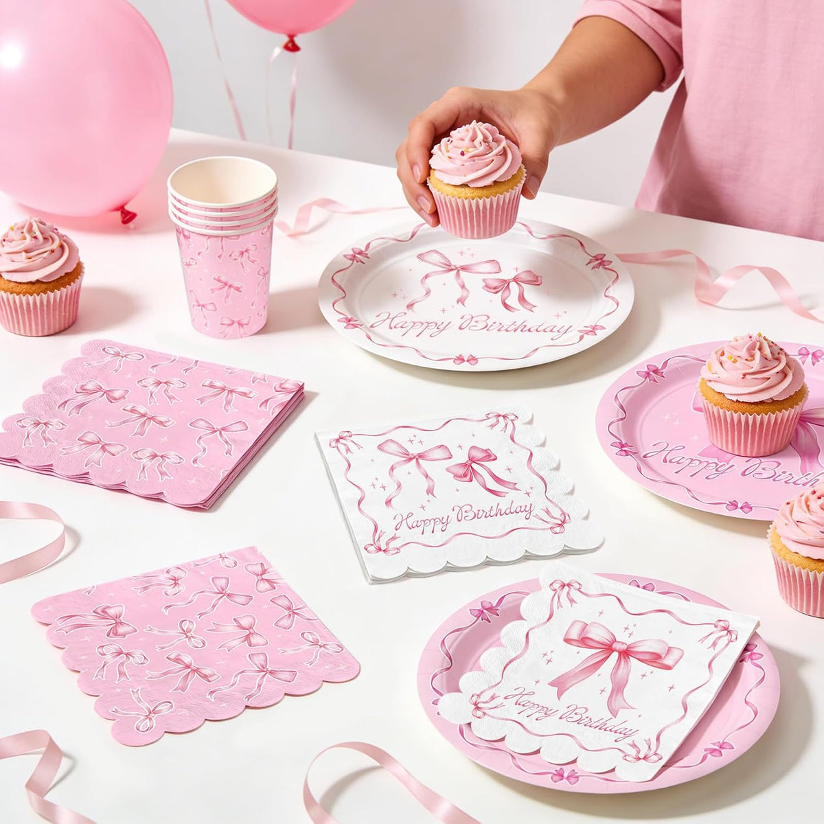 Pink Bow-Themed Party Supplies Set for Women: Includes Happy Birthday & Bachelorette Disposable Napkin(6.5x6.5 in, Disposable, 48-Pack) for Birthday & Tea Party Decorations