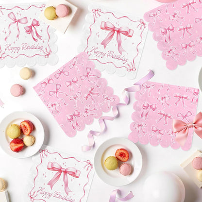 Pink Bow-Themed Party Supplies Set for Women: Includes Happy Birthday & Bachelorette Disposable Napkin(6.5x6.5 in, Disposable, 48-Pack) for Birthday & Tea Party Decorations